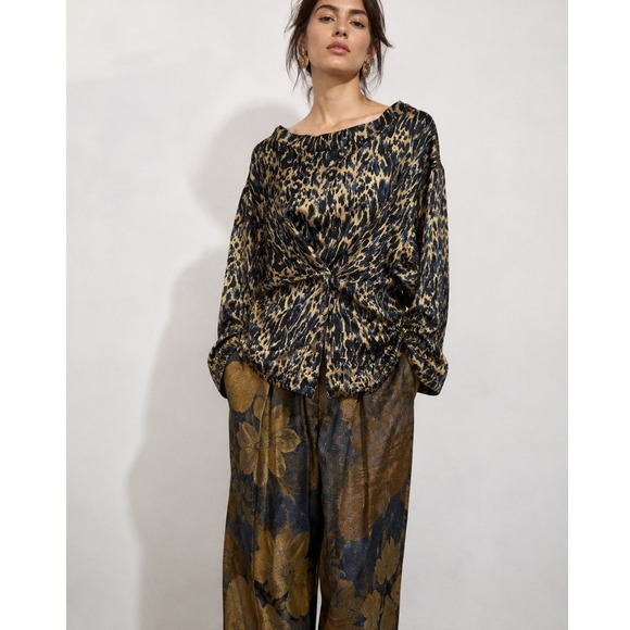 Dries Van Noten Tops - Dries‎ Van Noten 100% Silk Leopard Print Twisted Front Snap Blouse Blue Tan 42